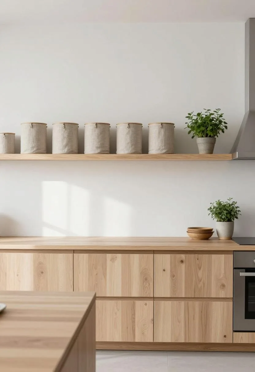 Scandinavian ash wood kitchen shelves with beige linen canisters and a single potted herb
