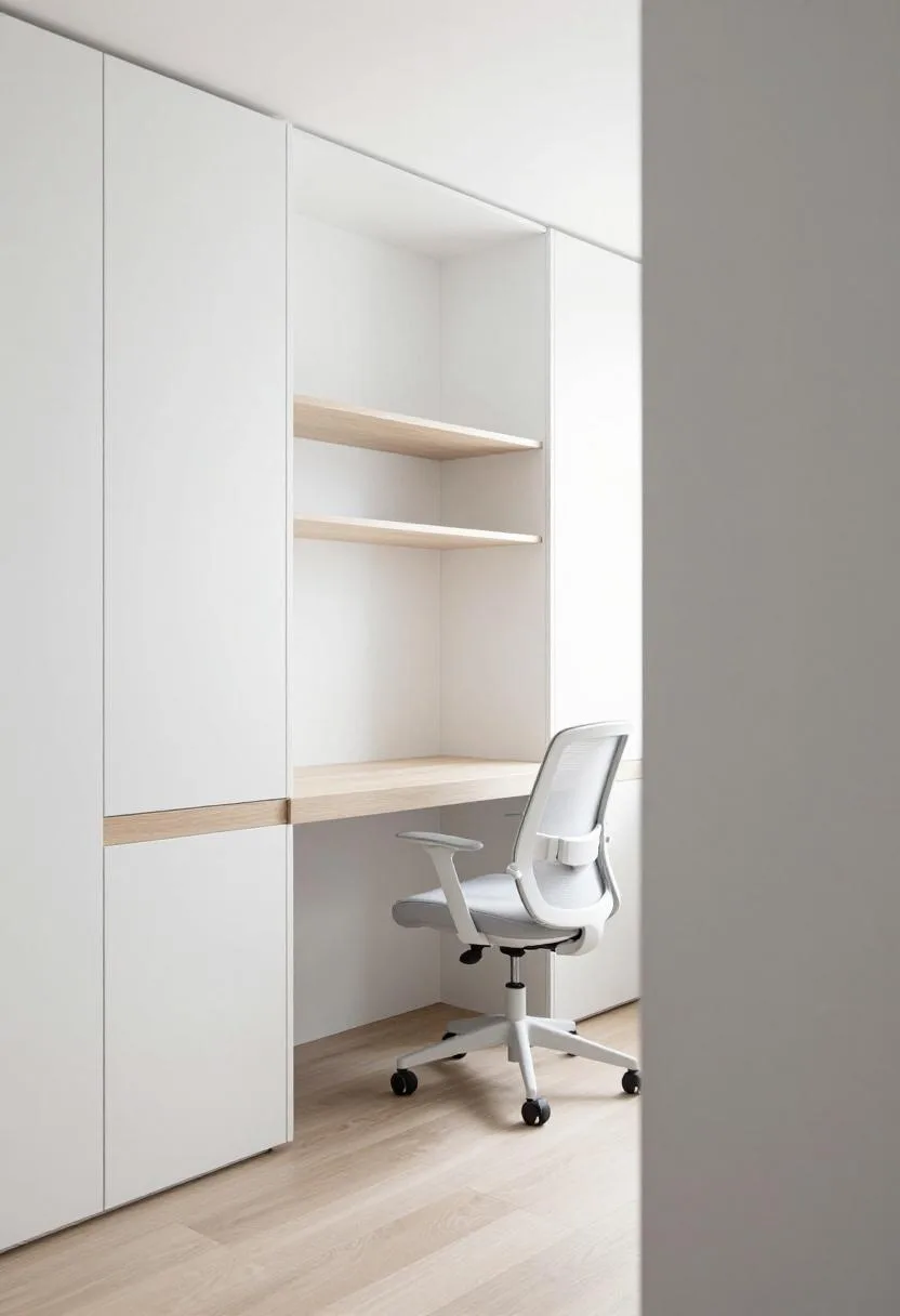 Scandinavian-style white beadboard closet office with birch desk surface and ergonomic mesh task chair