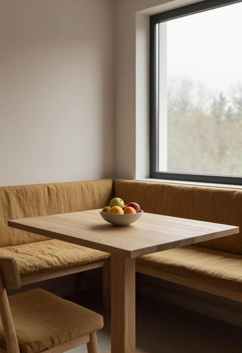 Scandinavian birch bench breakfast nook with natural linen cushion and stoneware bowl