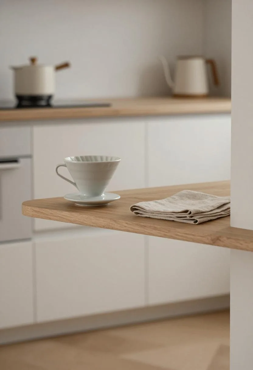 Scandinavian birch coffee-corner shelf with ceramic pour-over and beige linen napkin