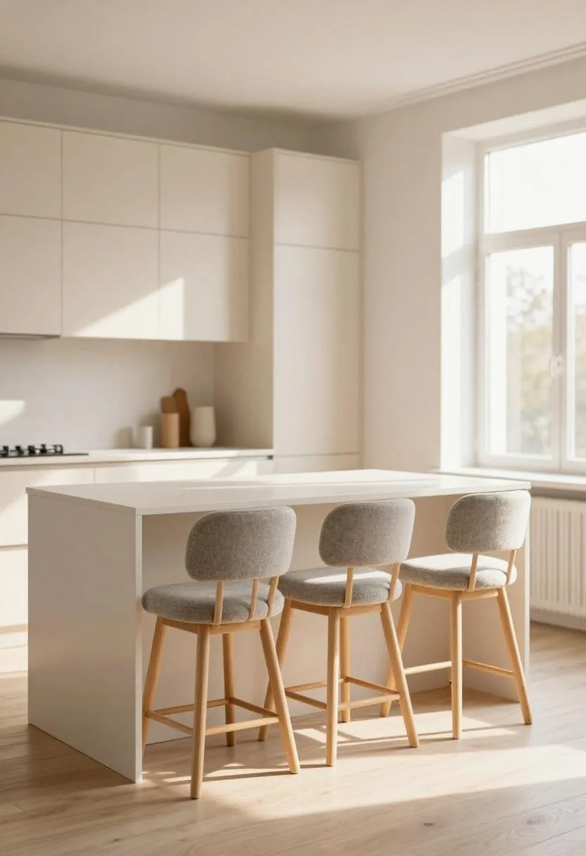 Scandinavian birch kitchen with white island and gray wool-cushioned pine stools