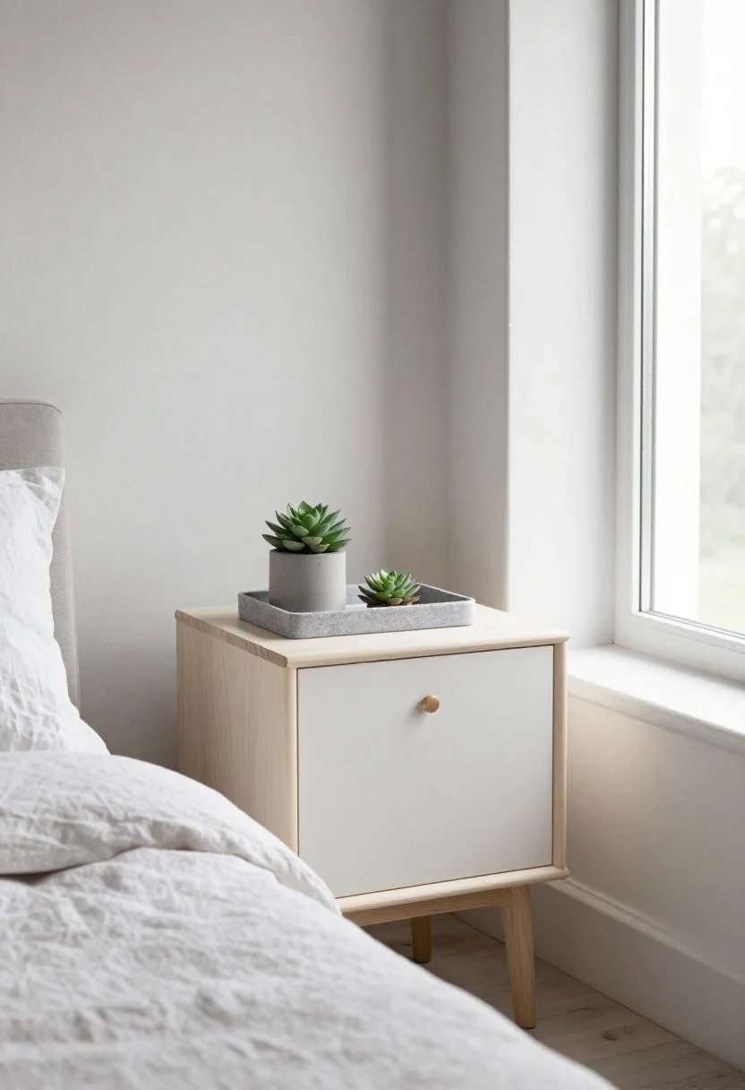 Scandinavian birch nightstand with gray felt tray and small concrete succulent pot in diffused natural light