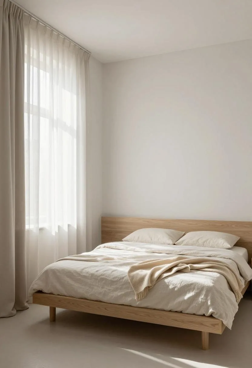 Interior design - scandinavian birch platform bed cream linen morning