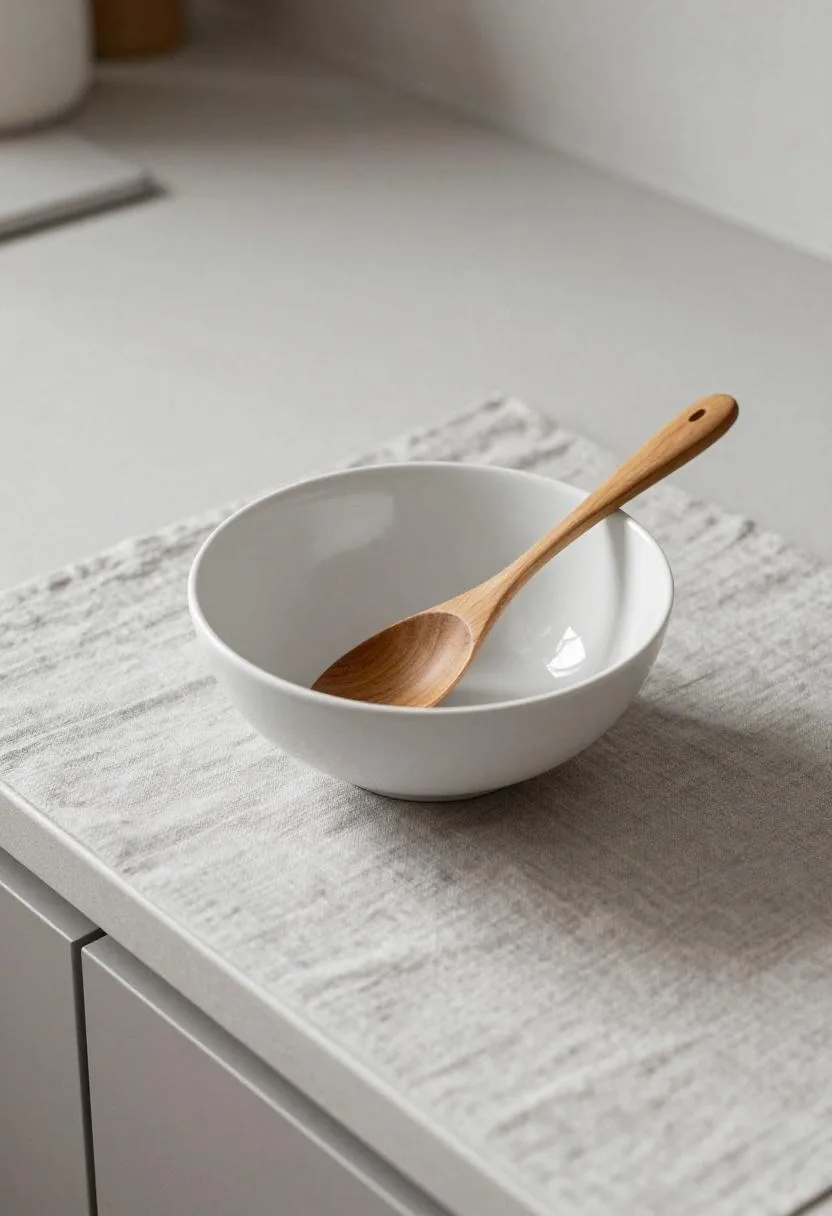Overhead Scandinavian counter corner with a gray linen mat and white bowl holding a walnut spoon