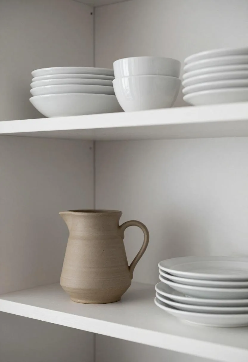 Scandinavian open pine shelving with white ceramics arranged simply and a clay pitcher accent