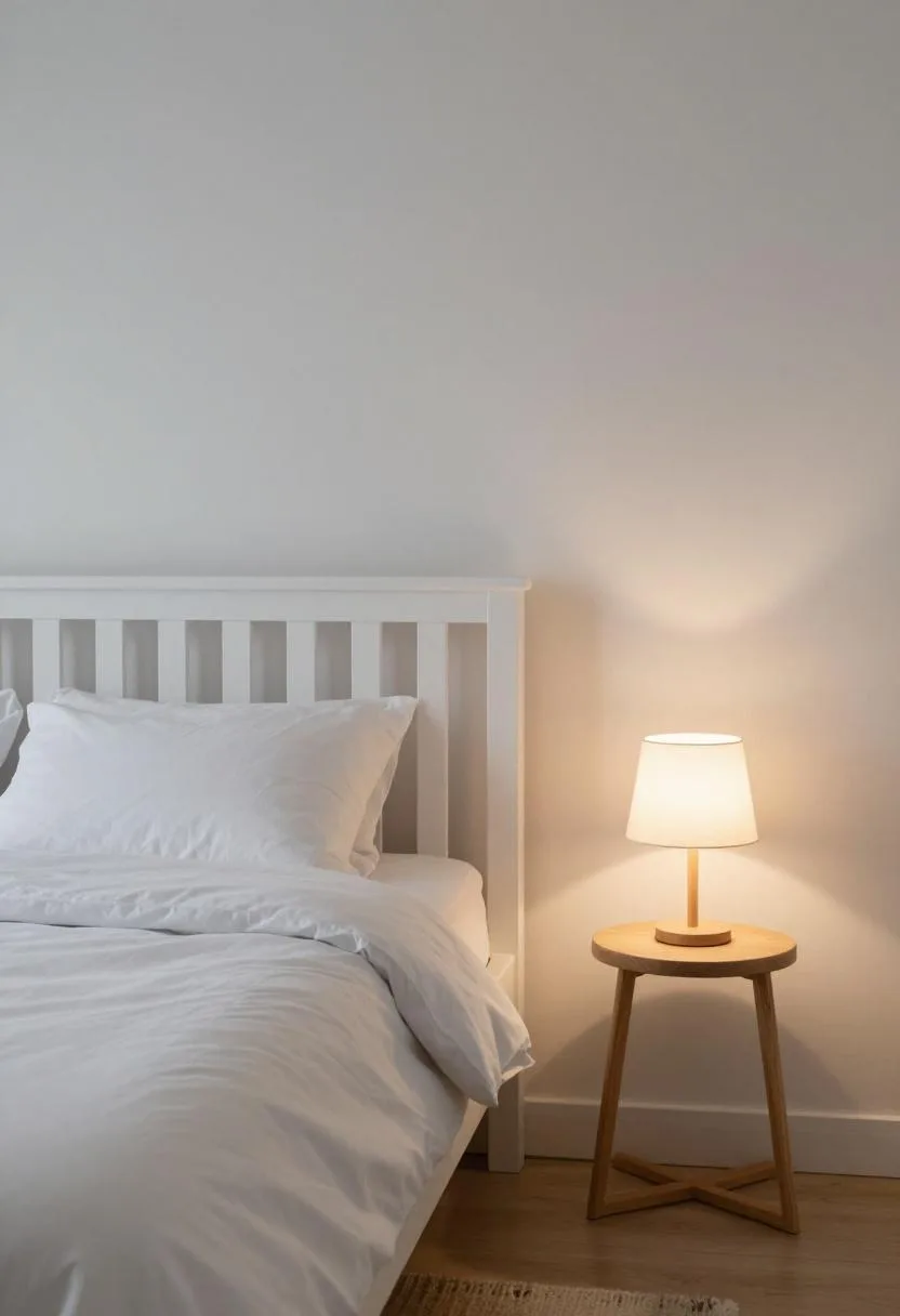 Scandinavian slatted white bed frame with ash floor lamp casting warm evening light