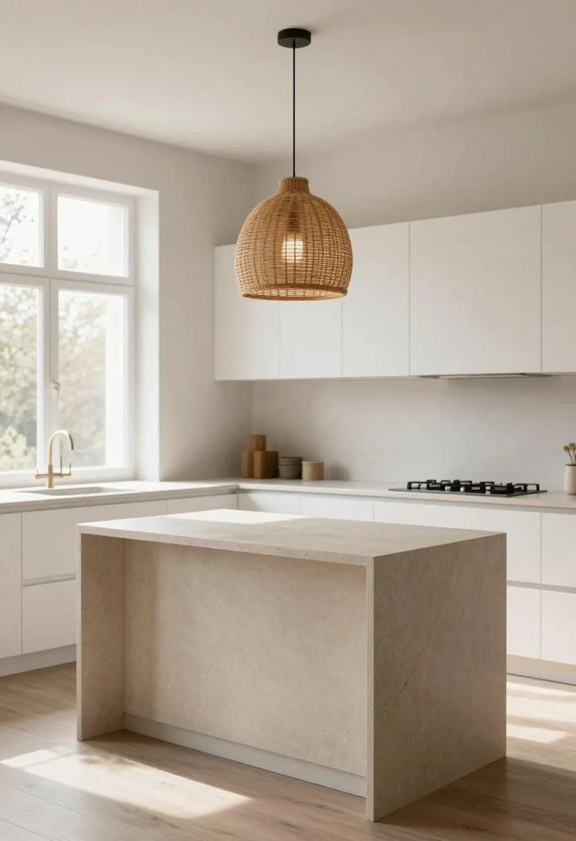 Scandinavian kitchen with a pale taupe limestone-look island counter and woven rattan pendant light above