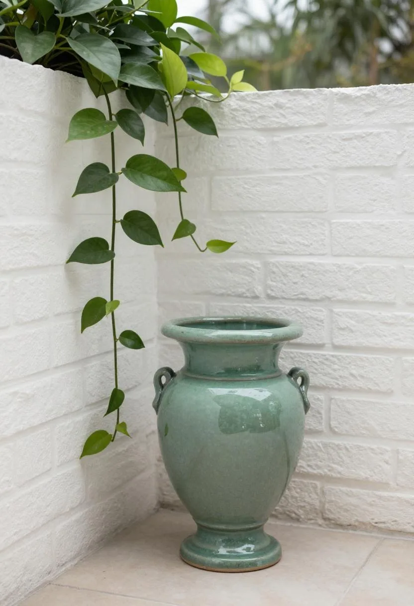 Maximalist-meets-minimal sea glass green glazed ceramic urn overflowing with jade pothos against a whitewashed brick wall