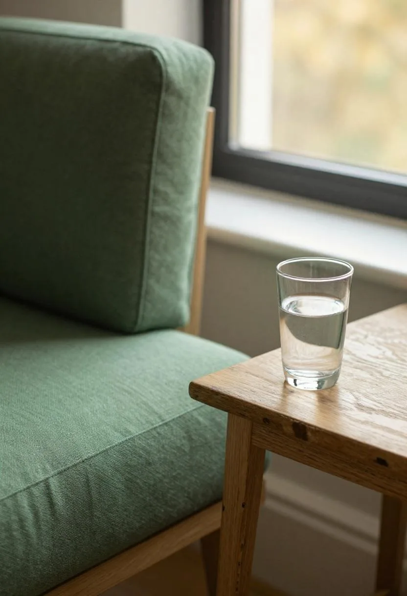 Seafoam green linen window seat with a weathered teak side table in bright morning sun