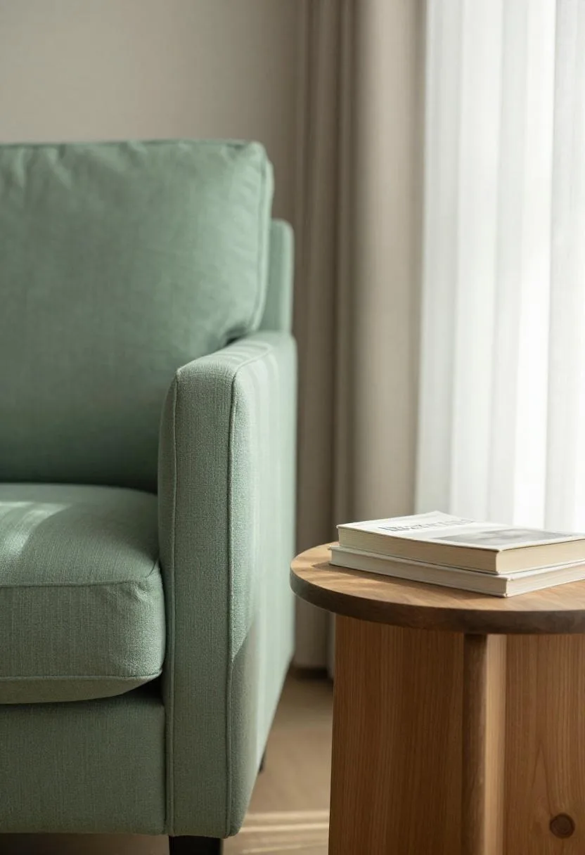 Seafoam green linen armchair in a sun-lit reading nook with a walnut side table in filtered afternoon light