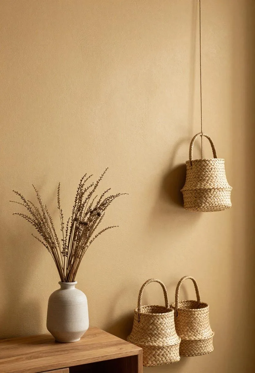 Woven seagrass baskets on a golden tan limewash accent wall above an oak nightstand with dried lunaria stems