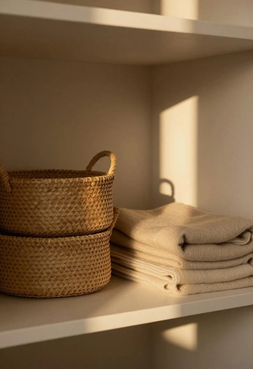 Seagrass storage baskets and a neatly folded merino blanket arranged together on a closet shelf