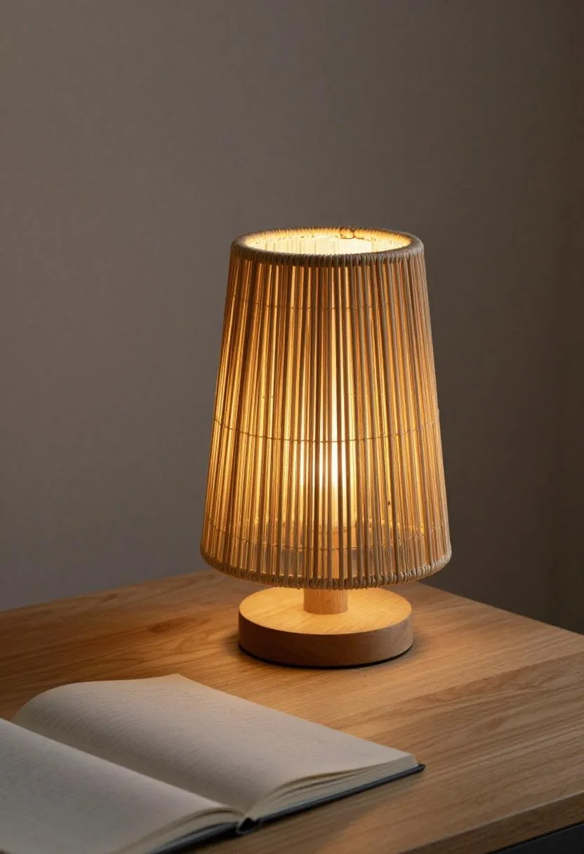 Seagrass floor lamp casting warm dusk light across a linen notebook on an oak desk in a Japandi office