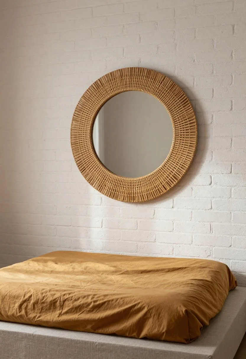 Seagrass circular mirror on an amber-painted brick accent wall above a linen platform bed in a warm bohemian bedroom