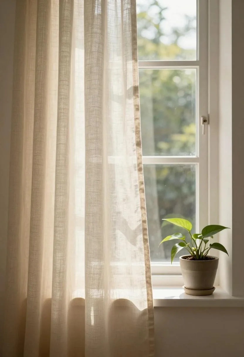 Sheer cream linen curtain billowing gently beside a sunlit bedroom window in morning light