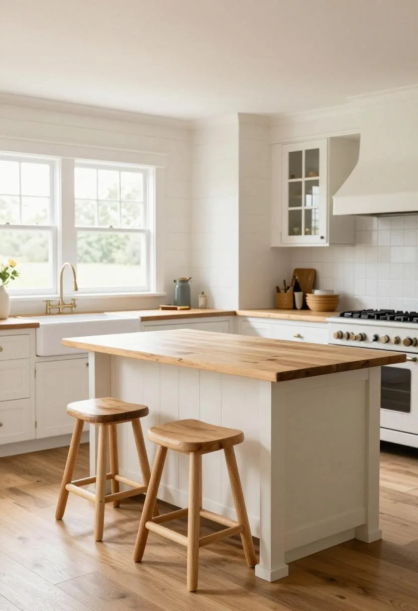 Shiplap farmhouse kitchen with cream island and spindle-back pine stools