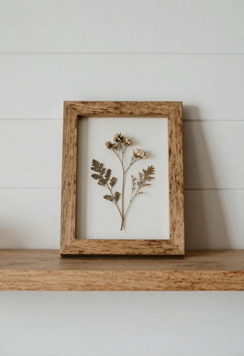 Shiplap mantel with a reclaimed wood frame holding pressed dried botanicals on display