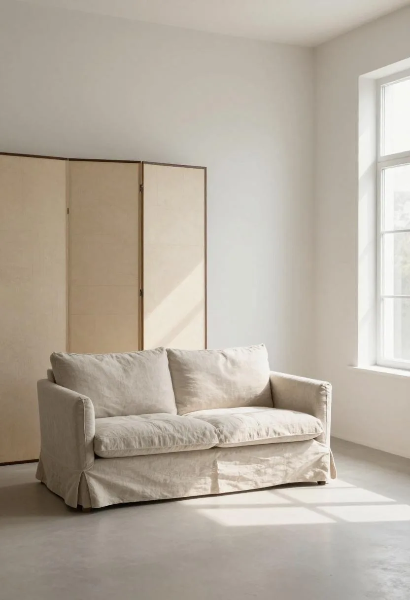 Cream shoji screen in the corner beside a charcoal linen sofa in a serene small Japandi living room