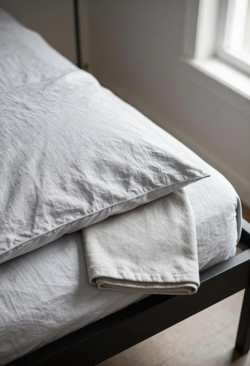 Silver-gray linen pillows and ash merino throw arranged on black iron bed seen from above