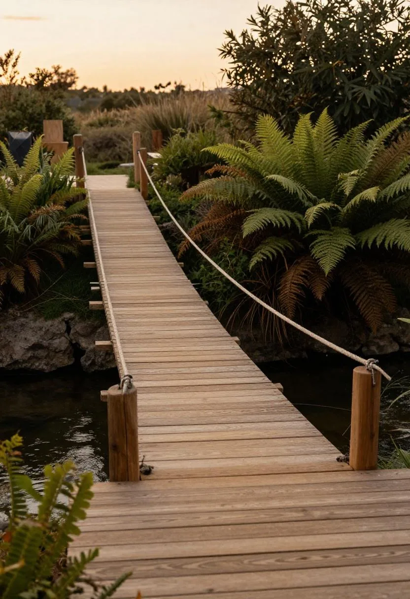 Sisal rope bridge between cedar posts spanning a garden stream lined with native ferns at dusk