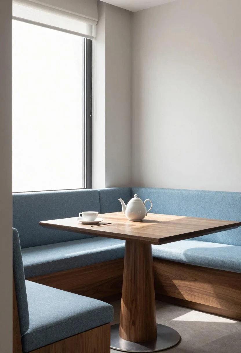 Slate-blue banquette breakfast nook with walnut table and teapot in soft morning light