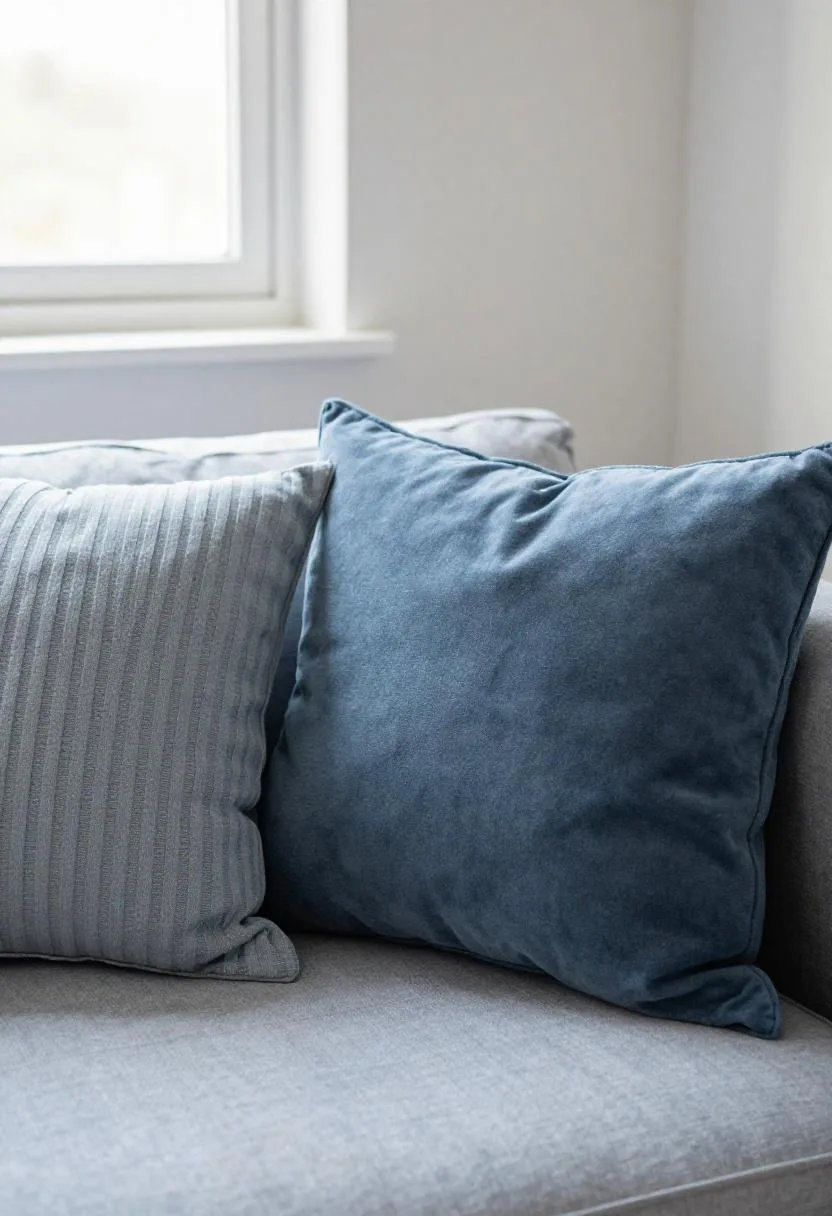 Slate-blue sofa with a layered cushion arrangement in ribbed cotton, velvet, and linen