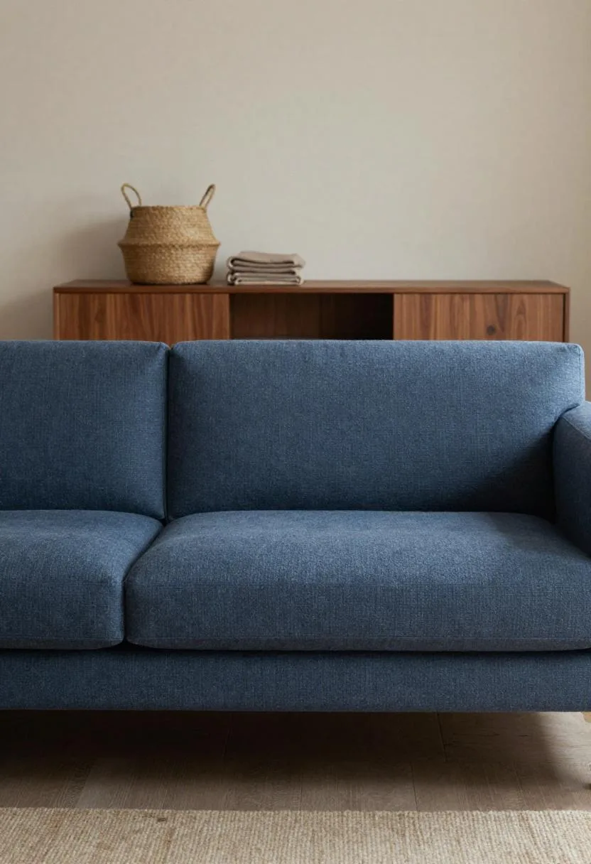 Slate-blue sofa facing a walnut media console in a calm Scandinavian living room