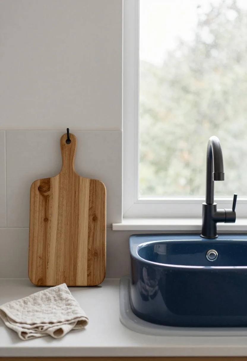Slate-blue ceramic utility sink with oak and linen accents in a tidy laundry space