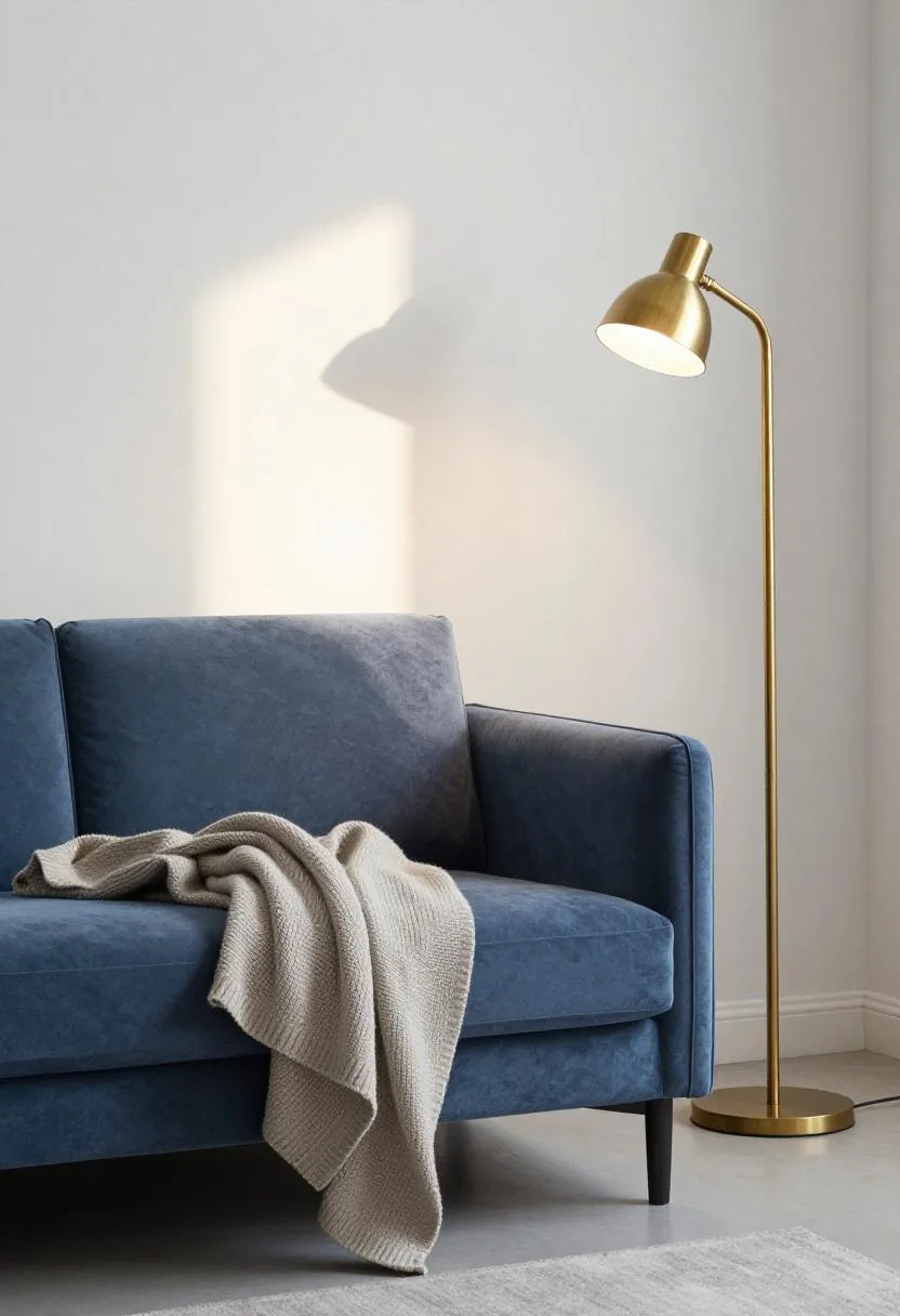 Slate-blue velvet sofa with a brass floor lamp and wool blanket in golden evening light