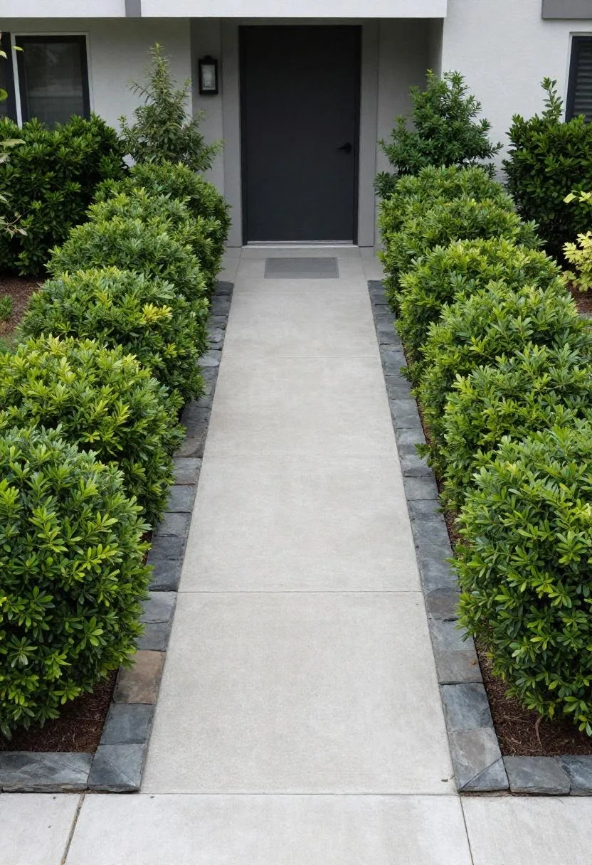 Symmetrical slate-bordered boxwood beds in medium green flanking a clean concrete townhouse entry path
