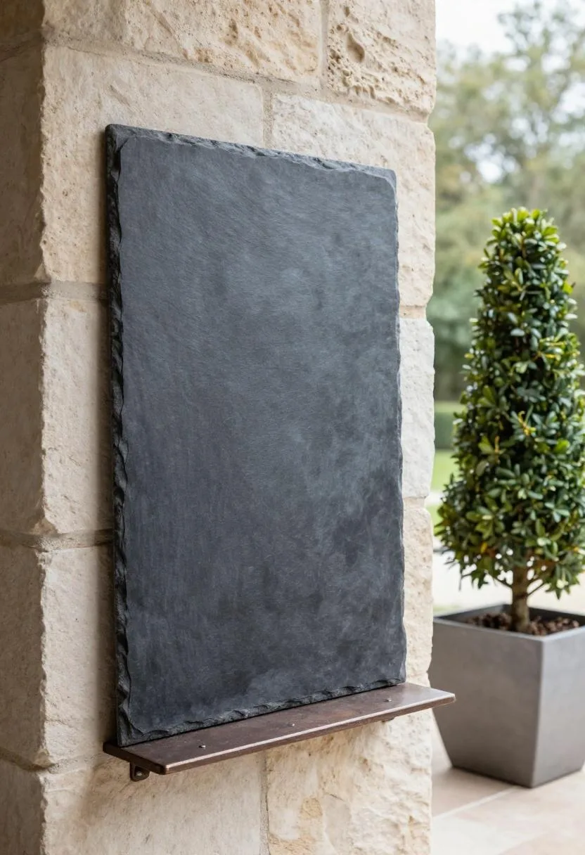 Slate chalkboard panel flush-mounted to a stone garden wall beside boxwood topiary in overcast light