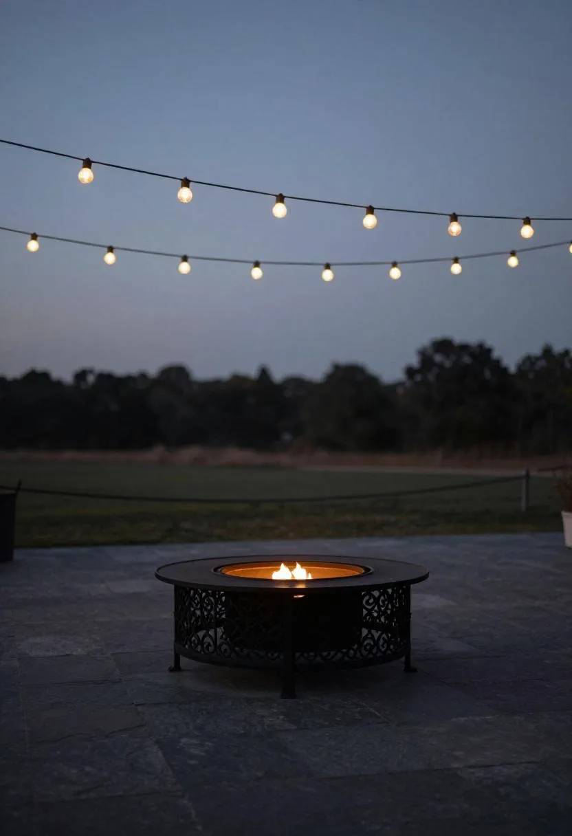 Overhead view of a dark slate fire pit patio illuminated by warm globe string lights at dusk