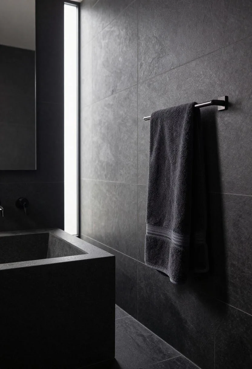 Near-black slate wet room with stone trough sink and charcoal wool towel