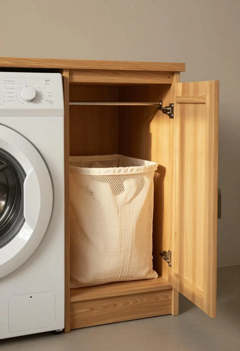 Slim oak hamper cabinet with cotton mesh laundry bag beside a white dryer