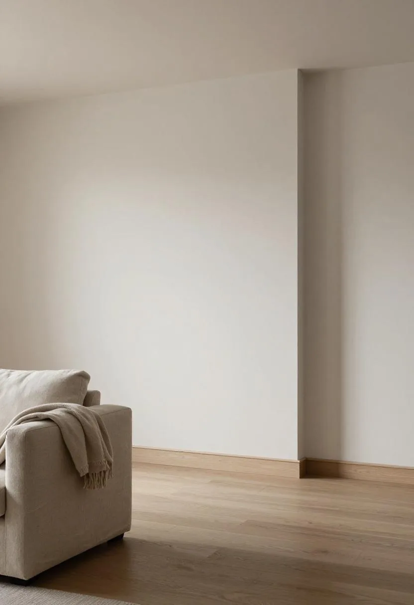 Slim off-white Shaker baseboard trim creating quiet architectural detail in a Scandinavian living room with limewash walls