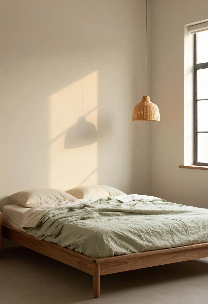 Small bedroom with low walnut platform bed and sage linen duvet in warm evening light