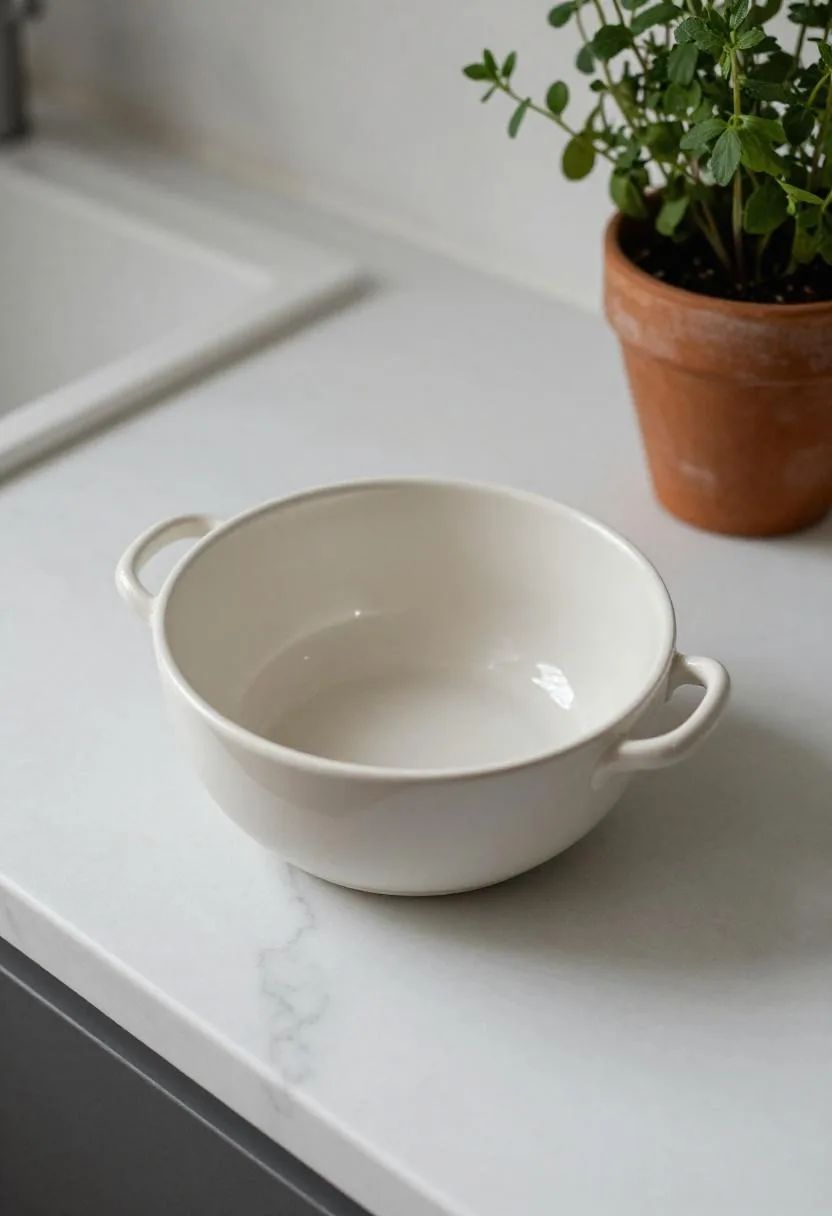 Small kitchen countertop styled with white marble board, ceramic colander, and terracotta herb pot