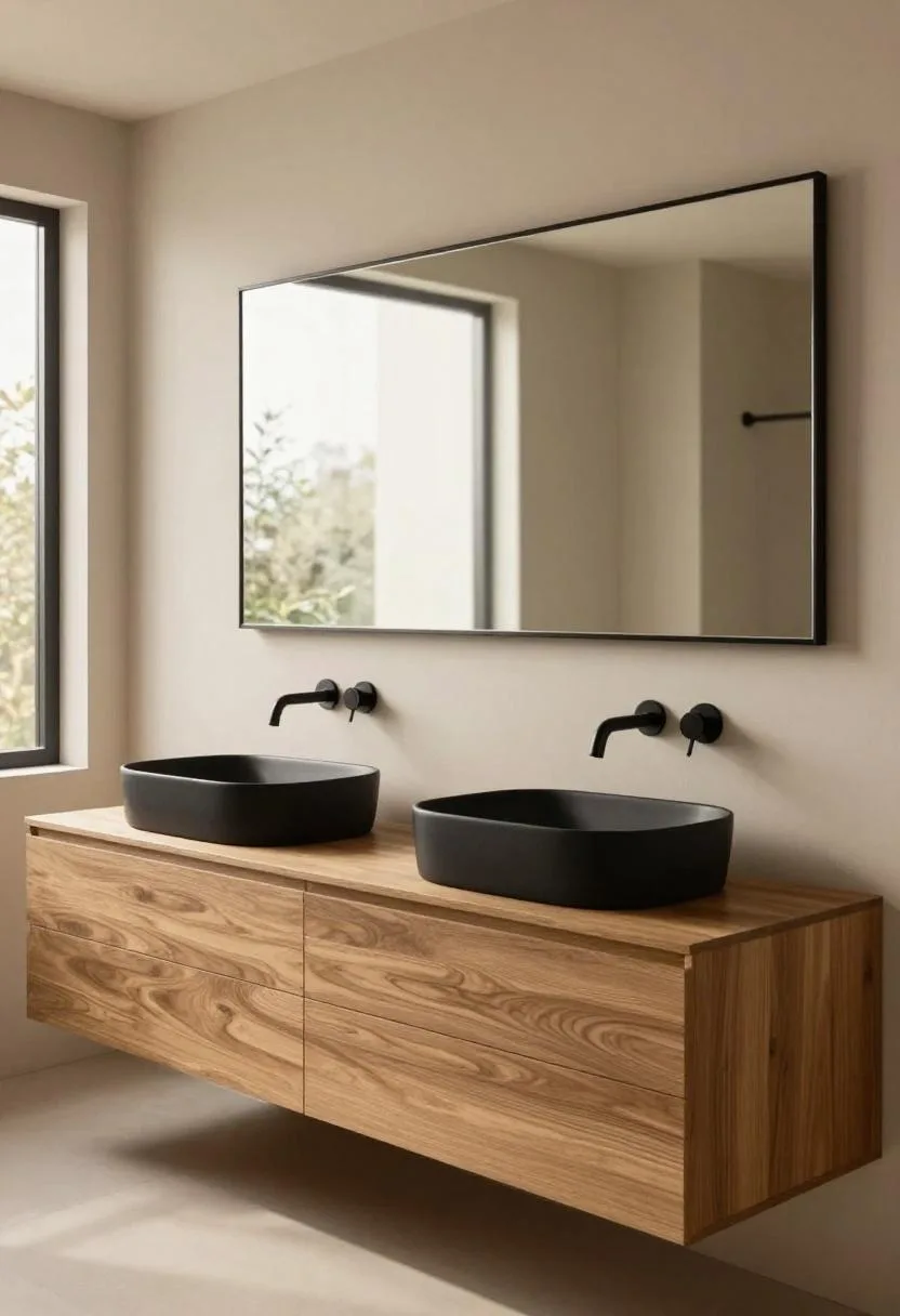 Smoked oak double vanity with matte black vessel sinks and long black-framed mirror