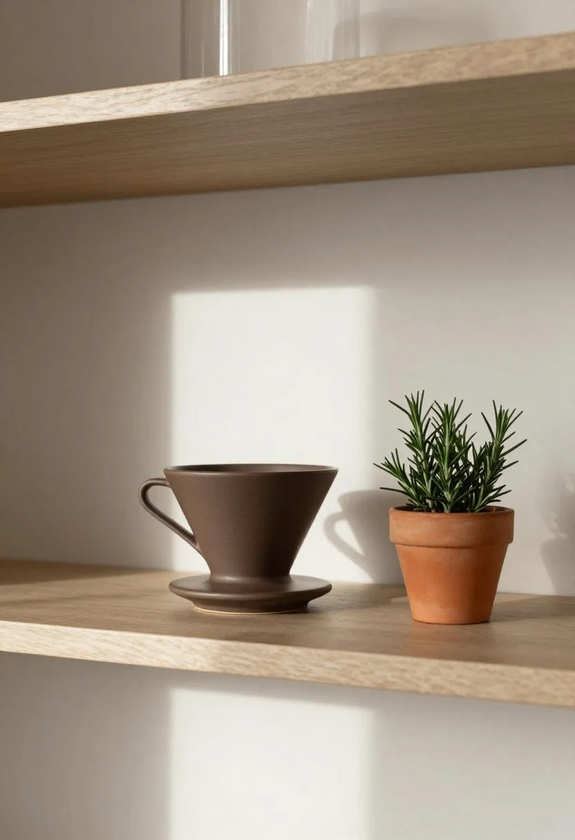 Smoked oak shelf with brown ceramic pour-over dripper and small terracotta rosemary pot in kitchen
