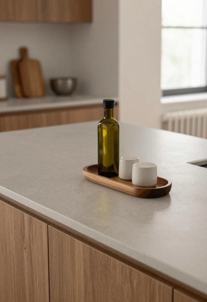 Overhead view of a soapstone counter with a walnut tray holding everyday cooking essentials