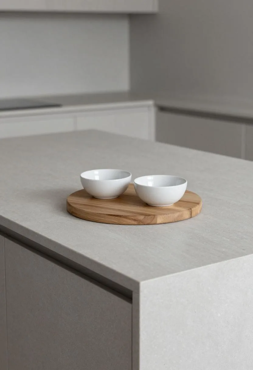 Overhead view of warm gray soapstone kitchen island with oak cutting board and small white ceramic prep bowls