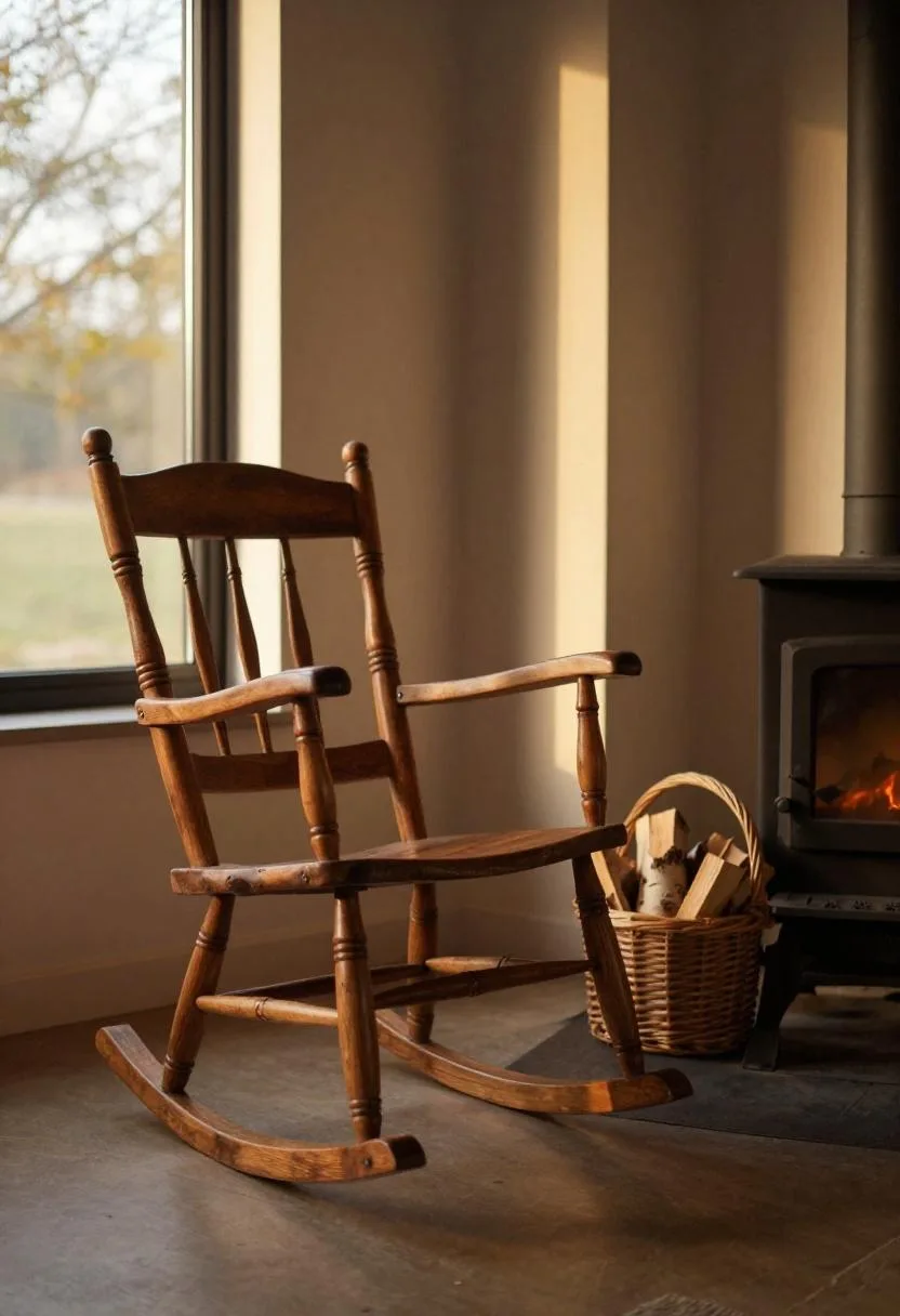 Spindle rocking chair beside a cast iron stove with birch log basket in golden hour light