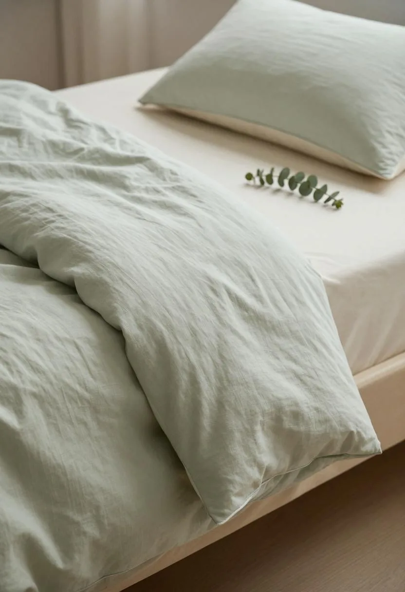 Overhead spring bedroom flatlay with sage linen duvet and eucalyptus sprig laid on a pillow