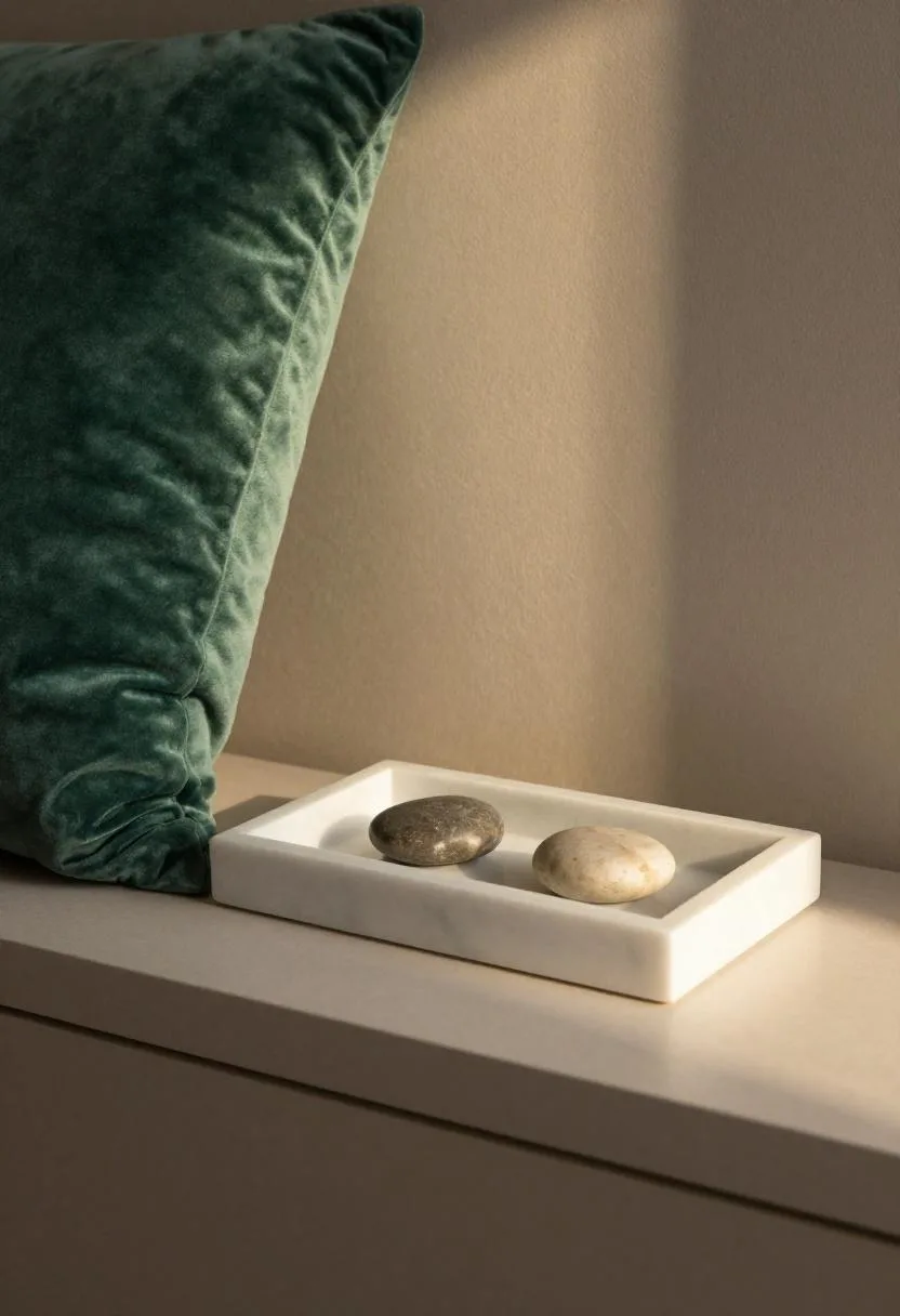 Spring bedroom shelf with a jade green velvet cushion and a small marble tray styled as a detail