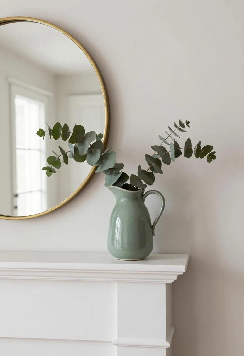 Fresh spring mantel with sage green ceramic pitcher holding eucalyptus branches on whitewashed oak shelf