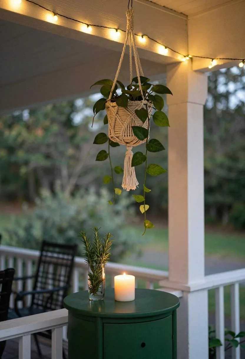 Porch corner with a macramé hanging planter, sage green side table, and soft fairy lights overhead