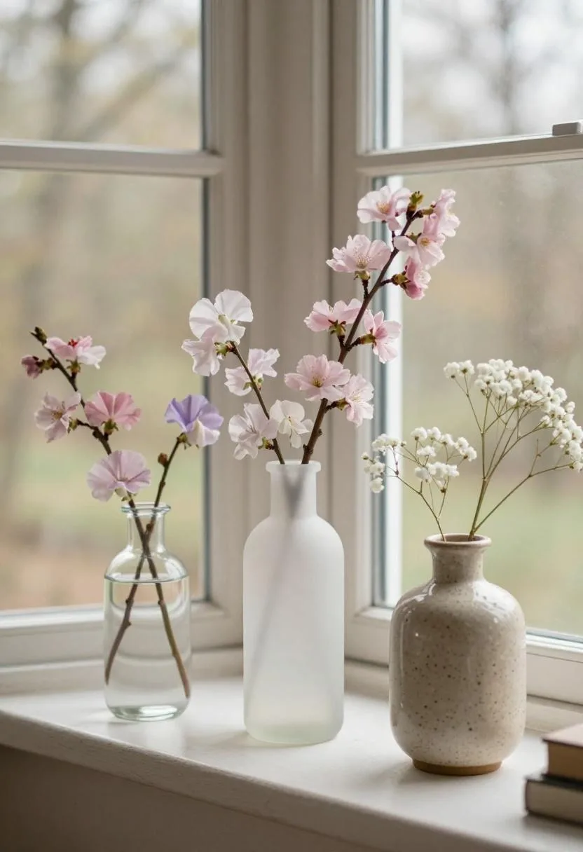 Trio of mismatched bud vases with cherry blossom, sweet pea, and baby's breath on a porch window ledge