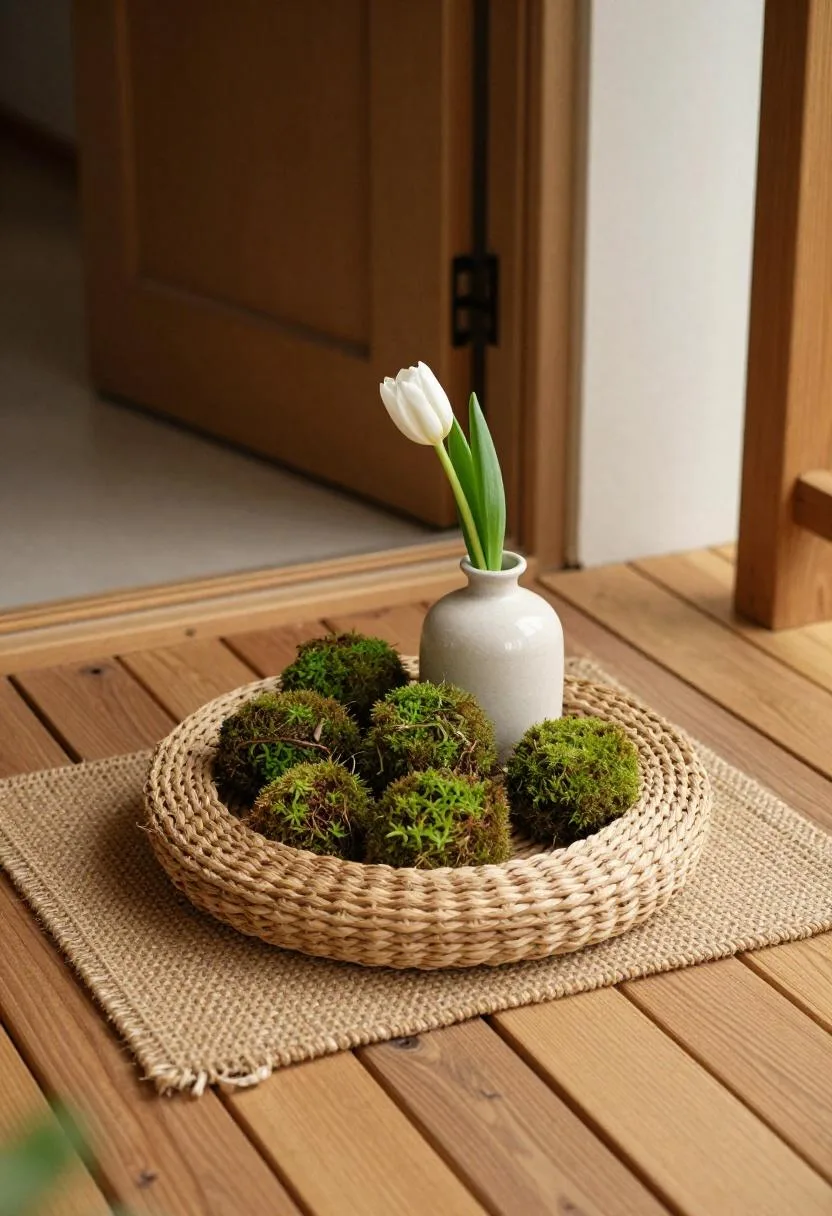 Top-down view of a seagrass basket with moss balls and a single tulip on a jute mat at a front door