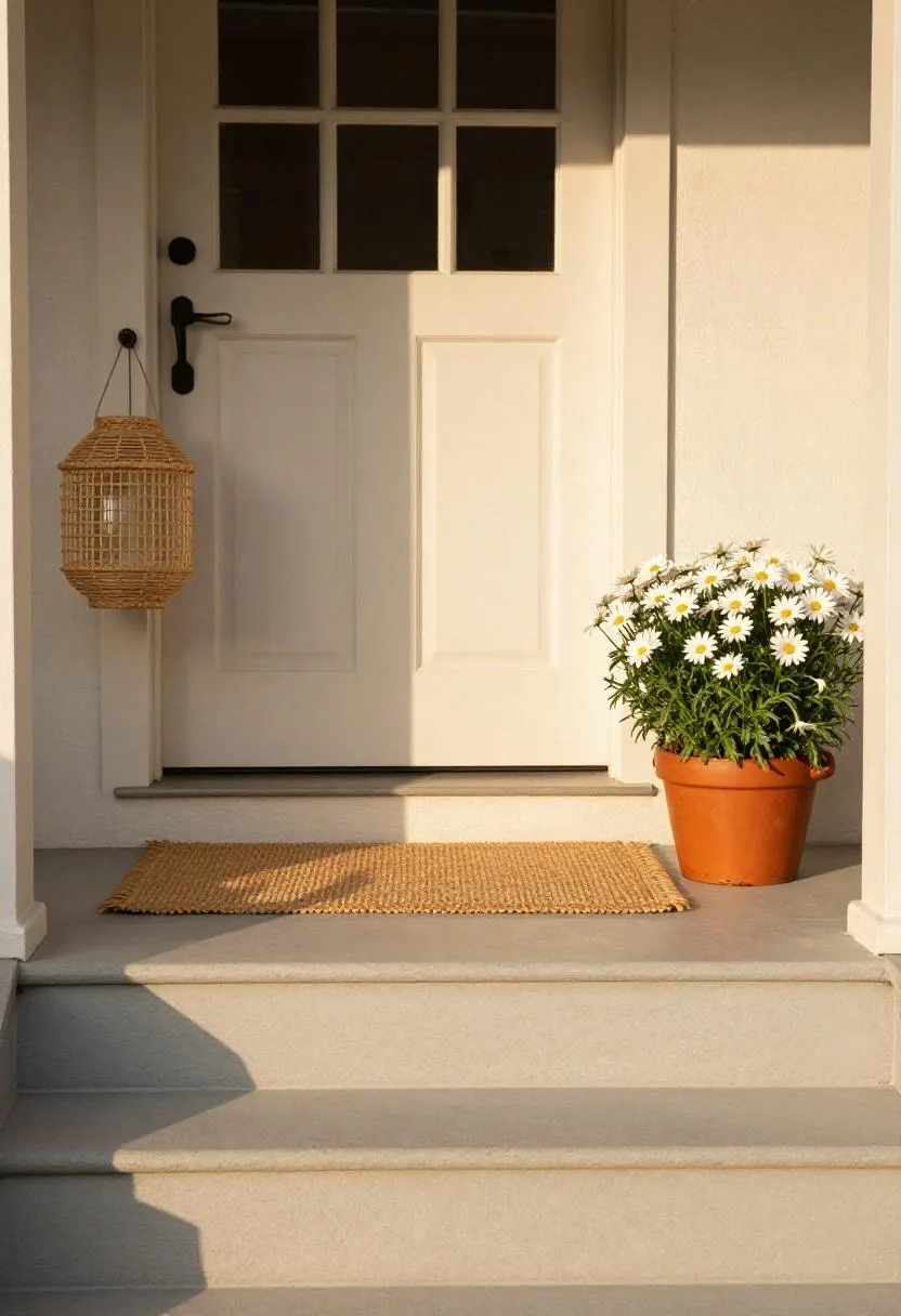Bold persimmon pot and warm blush doormat create a striking spring porch color contrast
