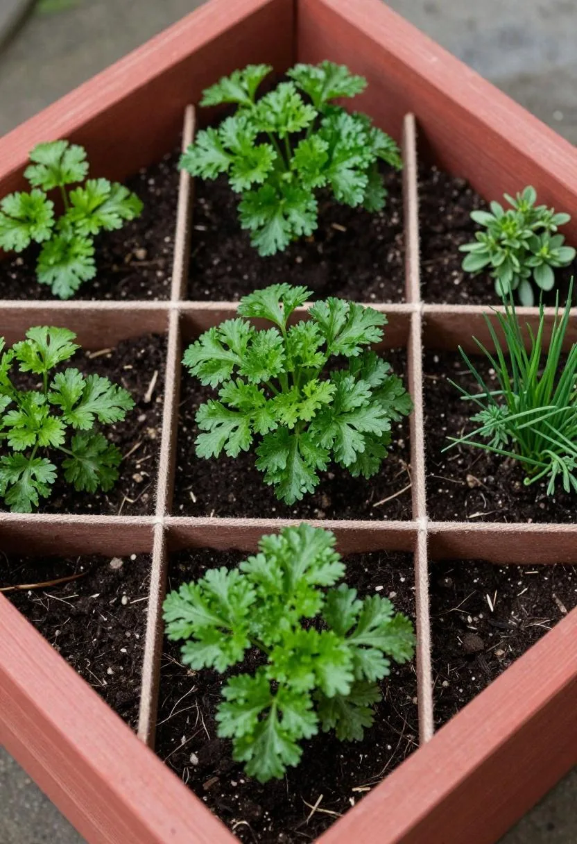 Square redwood raised bed divided into herb sections with parsley, chives, and thyme